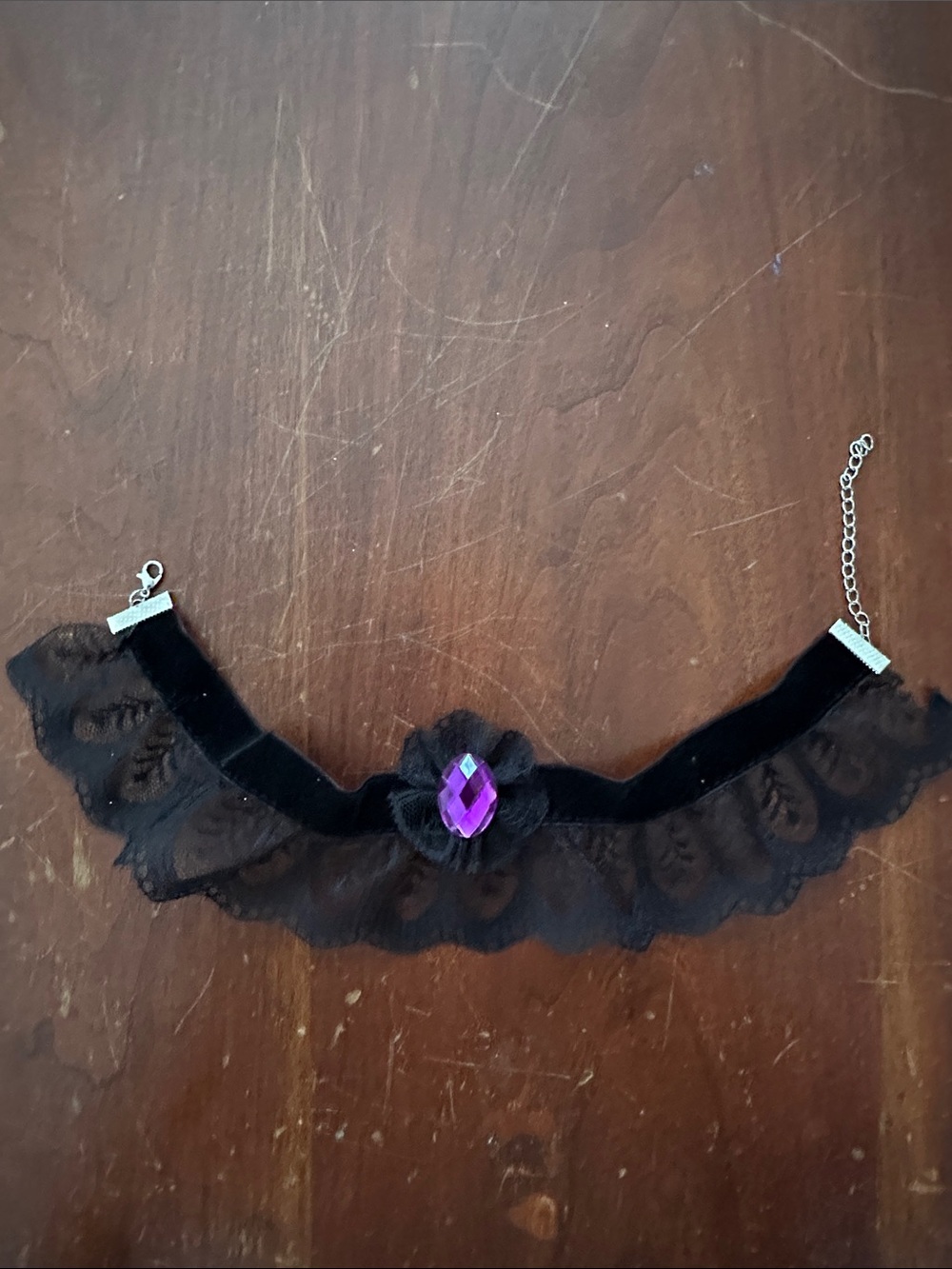 Black Lace Velvet Choker with Purple Gemstone Accent